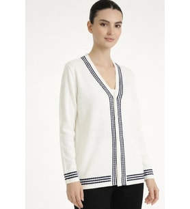 Şeritli Kadın Hırka W25W-P033 Ekru-Lacivert