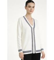 Şeritli Kadın Hırka W25W-P033 Ekru-Lacivert