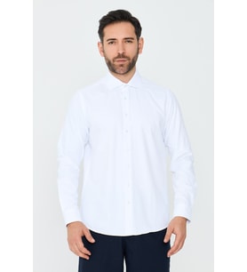 Beyaz Mikro Çizgili Dynamic Fit Erkek Uzun Kollu Gömlek
