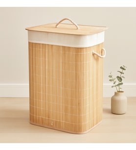 Bambu Kirli Çamaşır Sepeti 40x30x60 cm - Kapaklı İpli Kumaş Torbalı