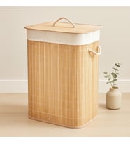 Bambu Kirli Çamaşır Sepeti 40x30x60 cm - Kapaklı İpli Kumaş Torbalı