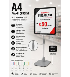 A4 Ayaklı Fiyat Etiketlik Teleskopik Borulu Çerçeve Etiketlik Yönlendirme Levhası Menü Panosu Siyah