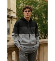Erkek Fermuarlı Kapüşonlu Cepli İçi Polarlı Parçalı Sweatshirt (Siyah)