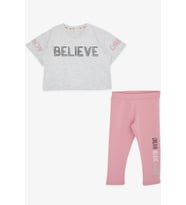 Breeze Kız Çocuk Kapri Taytlı Crop Takım Yazı Baskılı 8-12 Yaş, Açık Gri Melanj