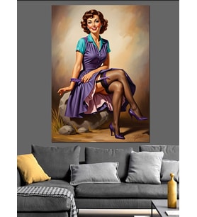 Oturan Çizimli Pin-Up Kadın Dekoratif Kanvas - Mdf Ahşap Tablo