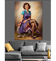 Oturan Çizimli Pin-Up Kadın Dekoratif Kanvas - Mdf Ahşap Tablo