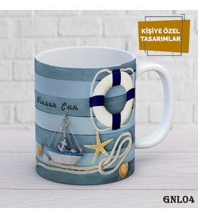 Kişiye Özel  Kupa  İsimli & Fotoğraflı Premium Hediye Bardak Deniz Yelken