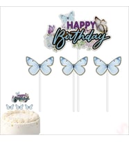 Kelebekli Happy Birthday Pasta Süsü 4’lü Set - Mavi