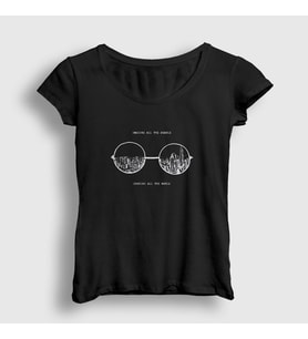 Presmono Kadın Siyah Glasses Beatles John Lennon T-Shirt 34744tt