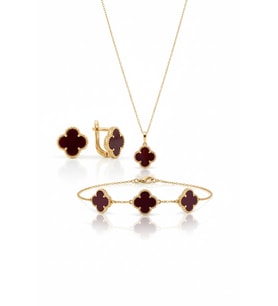(ÇANTALI KUTULU)925 Ayar Gümüş BORDO Taşlı 3 Lü Yonca Set GOLD