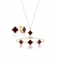 (ÇANTALI KUTULU)925 Ayar Gümüş BORDO Taşlı 3 Lü Yonca Set GOLD