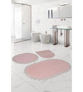 Bonny Home Venüs Pudra 3'lü Dantelli Banyo Paspası Seti Çeyizlik Klozet Takımı