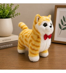Sesli Hareketli Yürüyen Peluş Kedi Oyuncak Kırmızı Fiyonklu Sevimli Peluş Kedi 20x18 Cm Çocuk Hediye