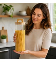 Bambu Kapaklı Yuvarlak Borosilikat Cam Kavanoz 1500 ml, 10 × 25 cm, Contalı Kulplu Şeffaf Spagetti Makarna ve Kuru Gıda Saklama Kabı