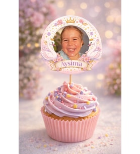 Kişiye Özel Kuğu Temalı 6 Adet Cupcake Süsü 8 cm  İsimli Fotoğraflı Doğum Günü Süsü