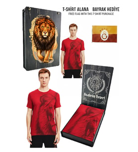 Galatasaray Orijinal Lisanslı Aslan Baskılı Sarı T-Shirt Bayrak ve UV Kutu Hediyeli (Kırmızı)