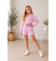 Kız Çocuk Pembe Çizgili Poplin Gömlek, Şort , Kemer ve Toka 4 Parça Set - 4/14 Yaş - 31720