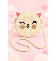 Kız Çocuk Kedi Yumuşak Tüylü Kulak Yuvarlak Hasır Omuz Çantası Hasır Askılı Mini Çapraz Çanta ölç:15*15 cm