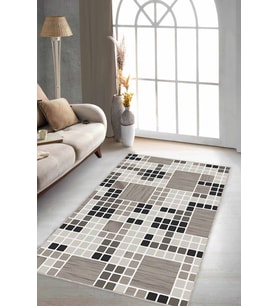 Bej Geometrik Kaymaz Tabanlı Makinede Yıkanabilir Halı PUZ02 - 100 x 160 cm