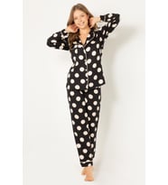 DoReMi Puantiyeli Doğal Viskon Soft Yumuşak Düğmeli Pijama Takımı (Siyah)