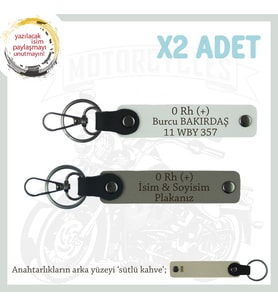 Motorcuya, İsim Plaka ve 0 Rh (+) Kan Grubu Yazılı Hediyelik x2 Anahtarlık Takım, Kül Gri-Beyaz-SK (Çok Renkli)