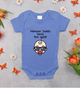BK Kids Kişiye Özel Mekanın Sahibi Tasarımlı Mavi %100 Pamuklu Kısa Kol Bebek Body Zıbın, Yeni Doğan Bebek Hediyesi