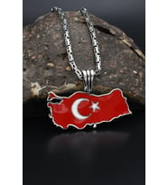 Türk Bayrağı ( Ay Yıldızlı ) Mineli 925 Ayar Gümüş Kolye Kral Zincir 2Mm 901580