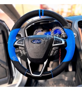 Ford Galaxy Mk4 Dikme Direksiyon Kılıfı Delikli Deri Parlak Siyah Mavi Detay Çift Yüzük ve Dikiş 2015-2023