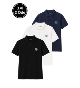 Erkek 3'lü Paket Tişört Rahat Kesim %100 Pamuklu Polo Yaka T-Shirt Siyah-Lacivert-Beyaz