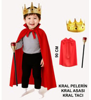 Çocuk Kral Kostüm Seti - Kırmızı Pelerin, Taç ve Asa (90 cm) (4767)