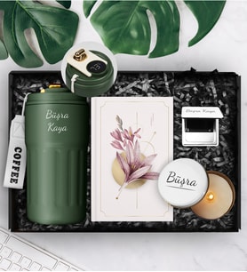 Kişiye Özel Çelik 500 ML Dereceli Termos & Tasarım Defter & Mum & Ayna Hediye Seti
