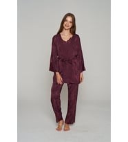 Kadın İnce Askılı Dantel İşlemeli 3'lü Sabahlıklı Pijama Takımı (Renksiz)