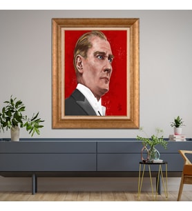 Altın Varaklı Çerçeveli Paspartulu Atatürk Tablo DC1413 (Gold)