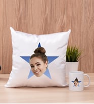 Kişiye Özel Mavi Yıldız Kafa Fotoğraflı Kare Yastık ve Beyaz Kupa