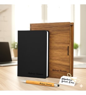 Kişiye Özel Ahşap Kutusunda Termo Deri Defter - Bambu Kalem  a/5 (Siyah)