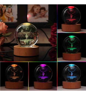 Wolawood Kristal Cam Kar Küresi 3D Renk Değiştiren Rgb'li Doğal Ahşap Standlı USB Kablolu LED Işıklı Lamba Seti Konsept Dekoratif Hediyelik Eşya Top Dekor Özel Premium Seri