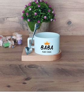 Babalar Günü Hediyesi Kupa Bardak Kısa Ahşap Altlıklı Kaşıklı Babaya Hediye