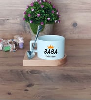 Babalar Günü Hediyesi Kupa Bardak Kısa Ahşap Altlıklı Kaşıklı Babaya Hediye