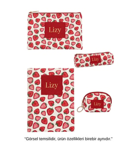Çilek Desenli Hediye Seti – Defter, Kalemlik, Bozuk Para Çantası & Makyaj Çantası