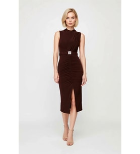 Kadın Kolsuz Dik Yaka Drape Detaylı Kemerli Midi Bodycon Esnek Örme Kalem Elbise Günlük Rahat Modern