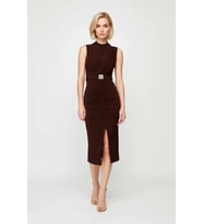 Kadın Kolsuz Dik Yaka Drape Detaylı Kemerli Midi Bodycon Esnek Örme Kalem Elbise Günlük Rahat Modern