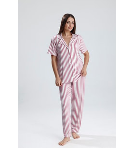 Kadın Düğmeli Dikey Çizgi Kısa Kollu  Pijama Takım  Mor