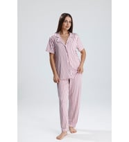 Kadın Düğmeli Dikey Çizgi Kısa Kollu  Pijama Takım  Mor
