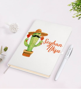 BK Gift Kişiye Özel İsimli Kaktüs Tasarımlı Beyaz Defter ve Kalem Seti-7
