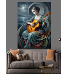 Gitar Çalan Mistik Kadın Portresi Dekoratif Kanvas - Mdf Ahşap Tablo