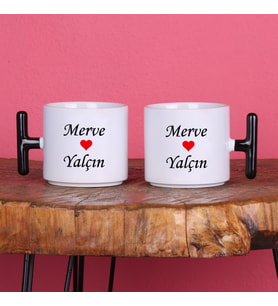 Sevgiliye Hediye İsimli 2'li Romantik T Kupa Bardak Siyah Kulplu (Siyah - Beyaz)