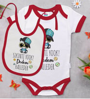 BK Kids Sıkıntı Yok Dedem Halleder Tasarımlı Kırmızı Bebek Body Zıbın ve Mama Önlüğü Hediye Seti-1