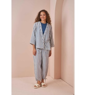Kruvaze Kimono Bluz Müslin İnce Çizgili Mavi (A. Mavi)