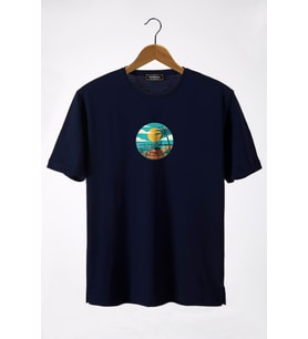 Unisex Lacivert Bisiklet Yaka Önü Scooter Baskılı Oversize T-Shirt 22Y-3400762-67