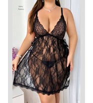 Intive Curvy Siyah Tamamı Dantelli Yanlardan Bağlamalı V Yaka Büyük Beden Mini Gecelik